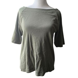 LL Bean Shirt Womens SM REG Olive Green Short Sleeve Button Up Back Boatneck